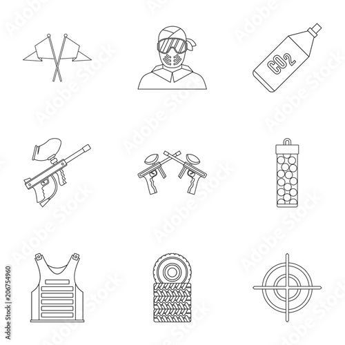 Paintball club icons set. Outline illustration of 9 paintball club vector icons for web