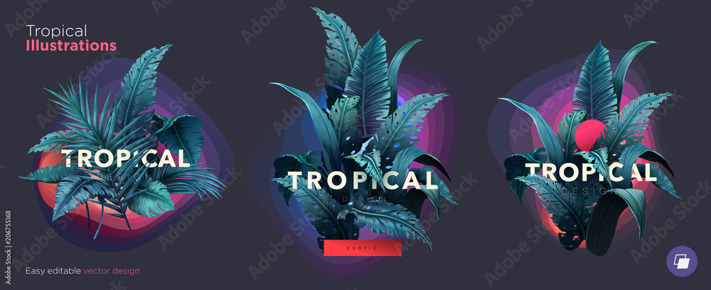 Set of Summer Bright tropical design elements. Print on T-shirts, sweatshirts, cases for mobile phones, souvenirs - obrazy, fototapety, plakaty 