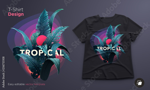 Bright tropical design for t-shirt or poster with jungle plants. Exotic illustration