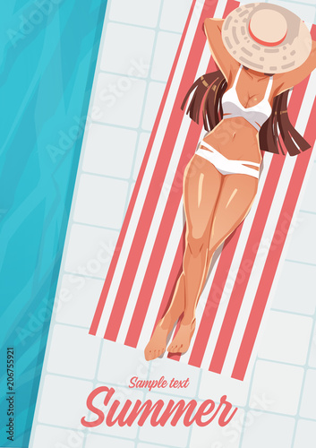 Girl sunbathing on a mat near the swimming pool. Summer vacation concept. Vector