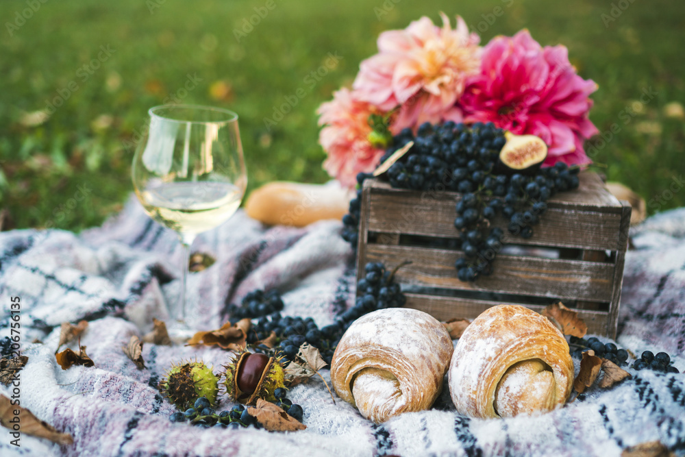 Summertime picnic setting on the grass with fruit, flowers, croissants and glass of wine