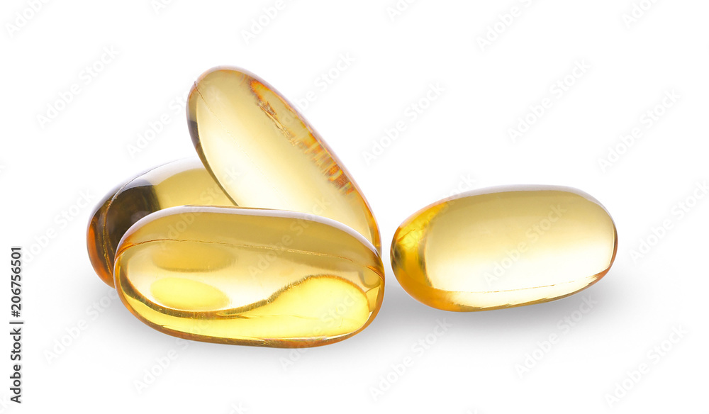Close up of food supplement oil filled capsules suitable for: fish oil, omega 3, omega 6, omega 9, evening primrose, borage oil, flax seeds oil, vitamin A, vitamin D, vitamin D3, vitamin E - obrazy, fototapety, plakaty 