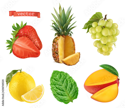 Fresh fruit, 3d vector icons set. Realistic illustration