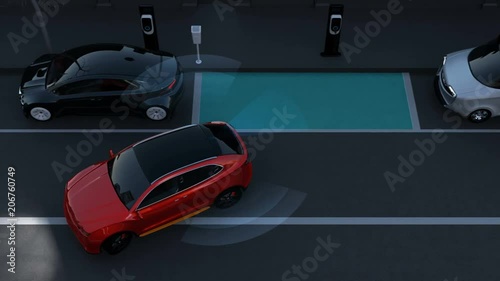 Autonomous SUV is parallel parking into parking lot at roadside with graphic elements. Intelligent Parking Assist System concept. 3D rendering animation.