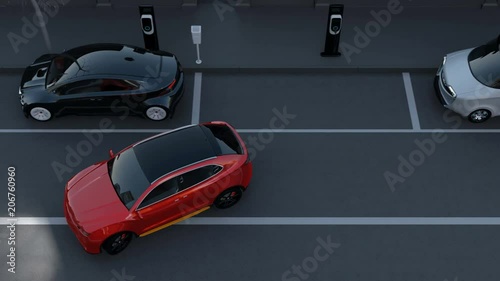 Autonomous SUV is parallel parking into parking lot at roadside. Intelligent Parking Assist System concept. 3D rendering animation.