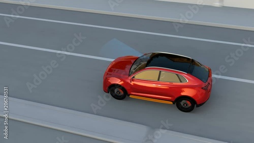 Red SUV emergency braking to avoid car crash. Automatic Emergency Braking (Emergency brake system) concept. 3D rendering animation.