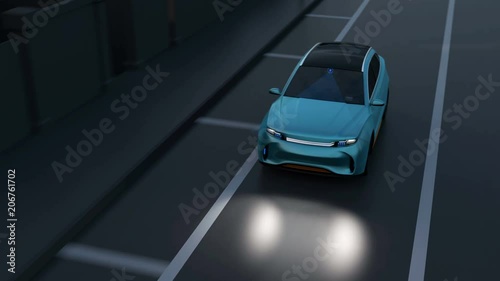 Blue SUV avoid an accident from a minivan at crossroad. Automatic Emergency Braking (Emergency brake system) concept. Night scene. 3D rendering animation.