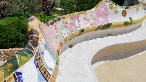 Details of The famous bench mosaics at the Park Güell by arquitect Gaudi in Barcelona, Spain - Slow motion (60fps)