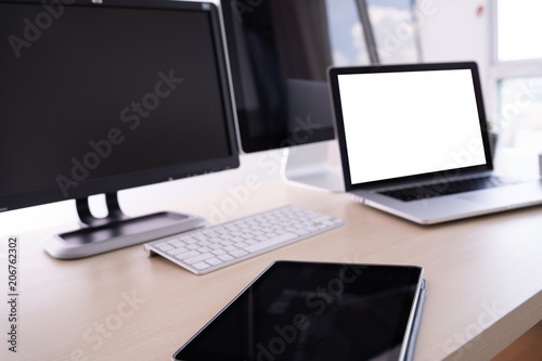 Laptop with blank screen on table. Workspace background new project on laptop computer with blank copy space screen for your advertising text message