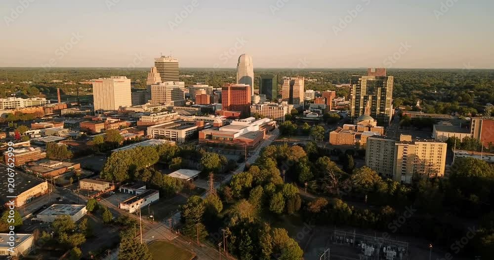 The Buildings Landscape and Downtown City Sklyine Winston Salem North Carolina Aerial View