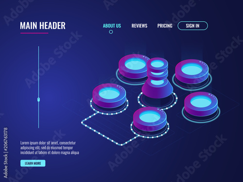 Data science concept, server room and data center ison, big data procssing and computing dark neon isometric