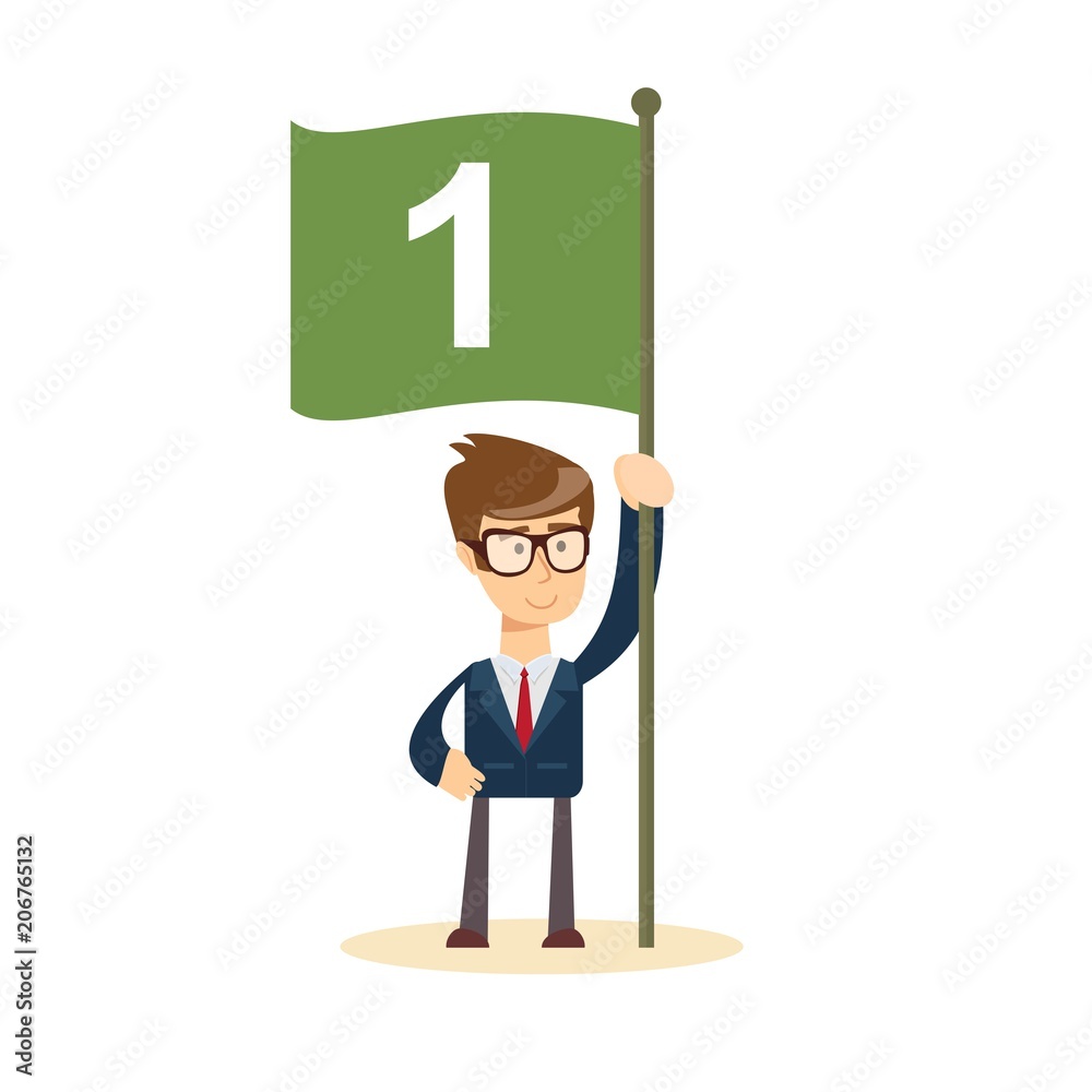 Happy businessman with number one flag. Start up business concept. Stock flat vector illustration. Happy businessman with number one flag. Start up business concept. Stock flat vector illustration.