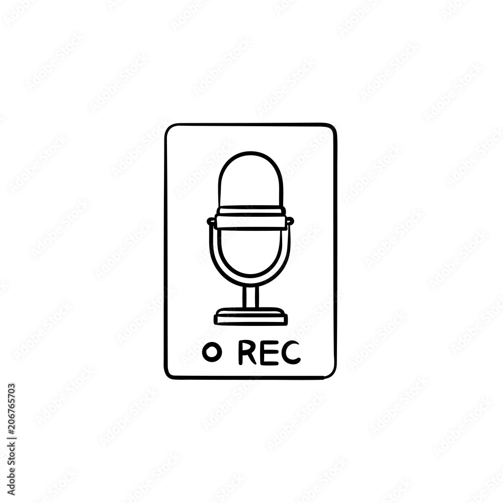 Record button with microphone symbol hand drawn outline doodle icon. Voice record media control concept vector sketch illustration for print, web, mobile and infographics isolated on white background. Record button with microphone symbol hand drawn outline doodle icon. Voice record media control concept vector sketch illustration for print, web, mobile and infographics isolated on white background.