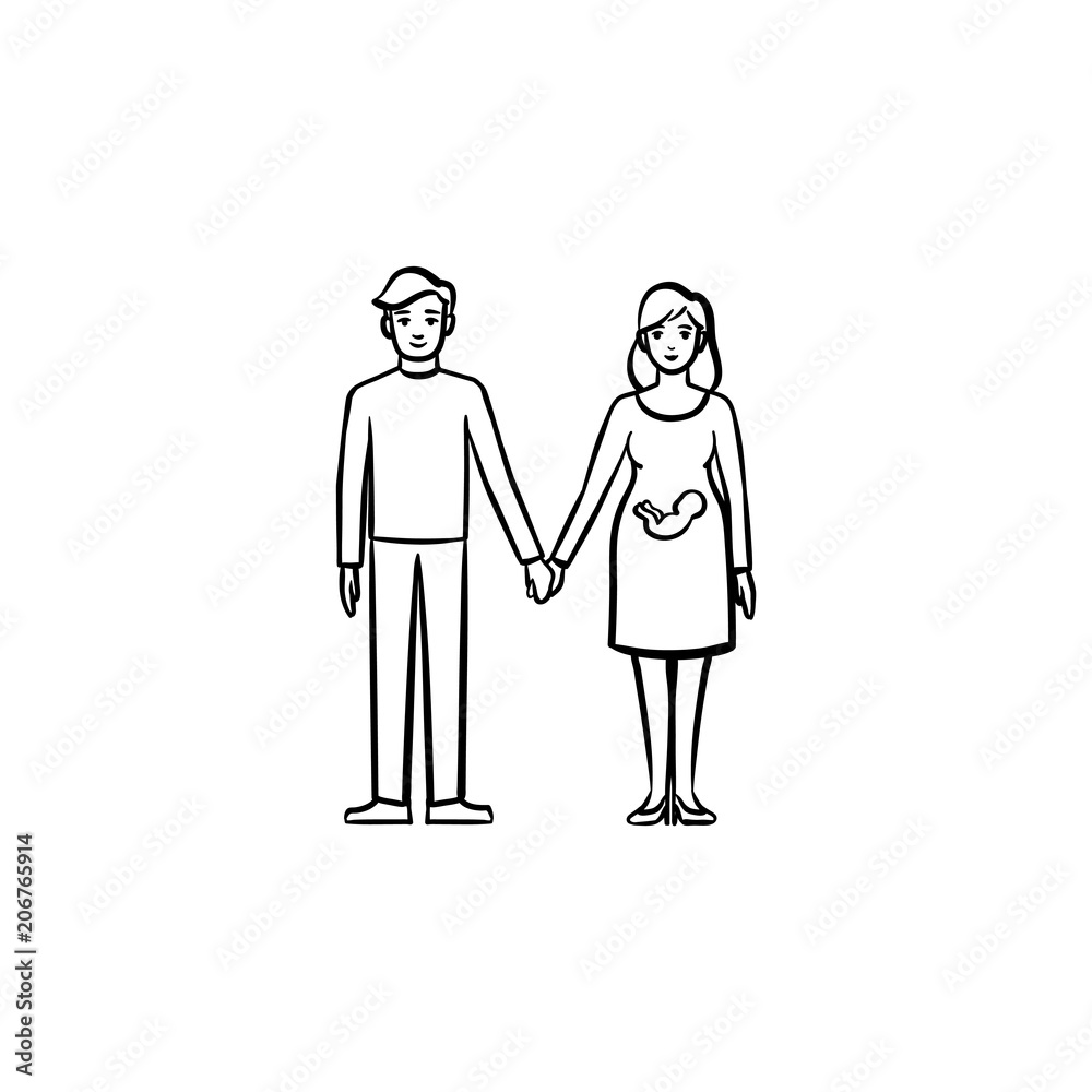 Family couple expecting a baby hand drawn outline doodle icon. Happy husband and pregnant wife vector sketch illustration for print, web, mobile and infographics isolated on white background. Family couple expecting a baby hand drawn outline doodle icon. Happy husband and pregnant wife vector sketch illustration for print, web, mobile and infographics isolated on white background.