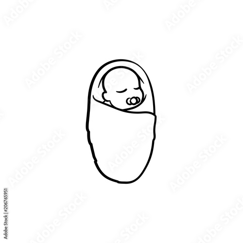 Swaddled baby infant hand drawn outline doodle icon. Newborn child with pacifier and swaddled hands vector sketch illustration for print, web, mobile and infographics isolated on white background.