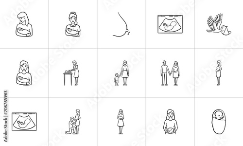 Maternity hand drawn outline doodle icon set for print, web, mobile and infographics. Baby infant nursery and family care vector sketch illustration set isolated on white background.