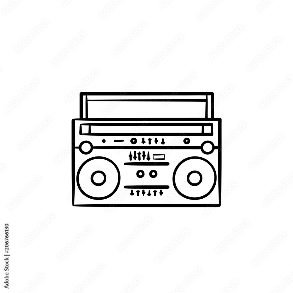 Tape recorder with radio hand drawn outline doodle icon. Vintage portable cassette player concept vector sketch illustration for print, web, mobile and infographics isolated on white background.