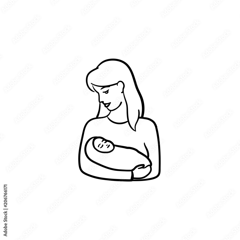 A woman holding baby warped in blanket hand drawn outline doodle ...