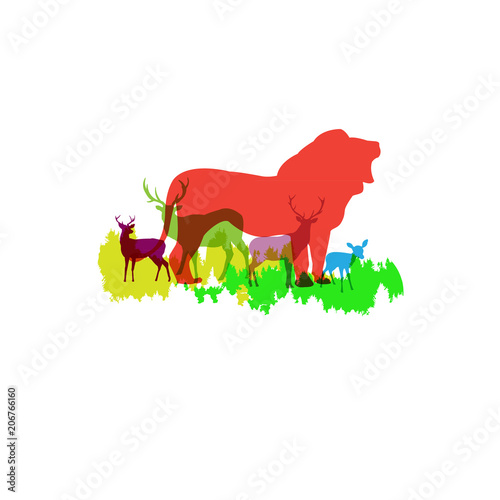 Fototapeta Naklejka Na Ścianę i Meble -  Lion King and deer logo. on black background. vector. Illustration. logo. symbol. abstract. design. Animals. landscape