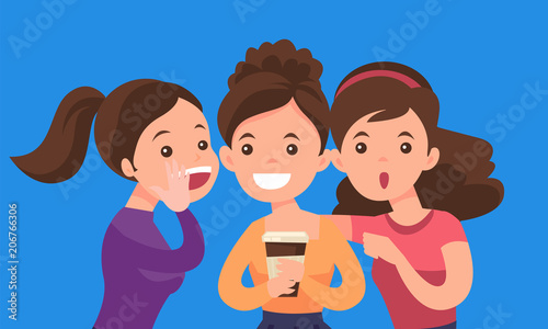 Young caucasian white woman shielding her mouth and whispering a gossip to her friends. Three women discussing gossips. Vector cartoon illustration isolated on solid background. Horizontal layout.