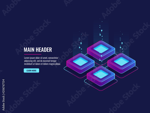 dark neon isometric vector server room data center design concept, illustration in ultraviolet colors