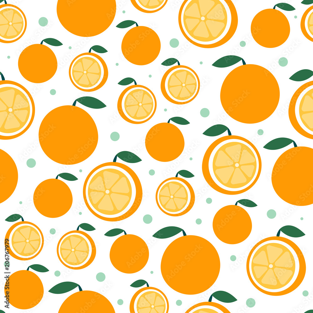 Orange fruit pattern on white. Bright beautiful citrus seamless background. Vector illustration in flat