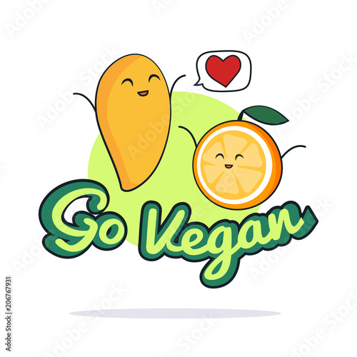 Go vegan poster. Funny orange and mango cartoon characters. Vector illustration