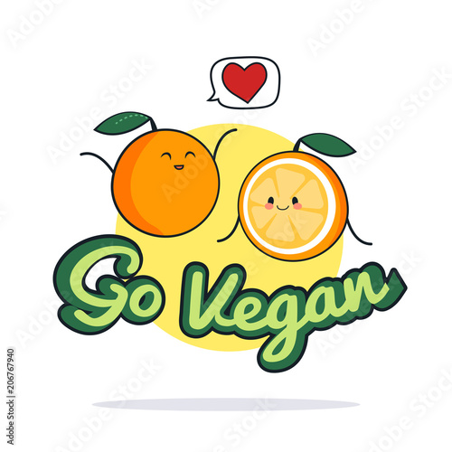 Go vegan poster. Funny orange cartoon characters. Vector illustration