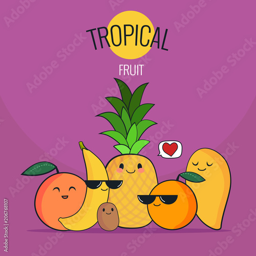 Funny tropical fruits set. Pineapple, mango, orange, kiwi, banana, grapefruit. Vector cartoon. Friends forever. Cute comic characters.