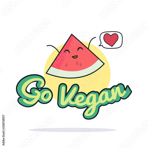 Go vegan poster. Funny watermelon character. Vector illustration