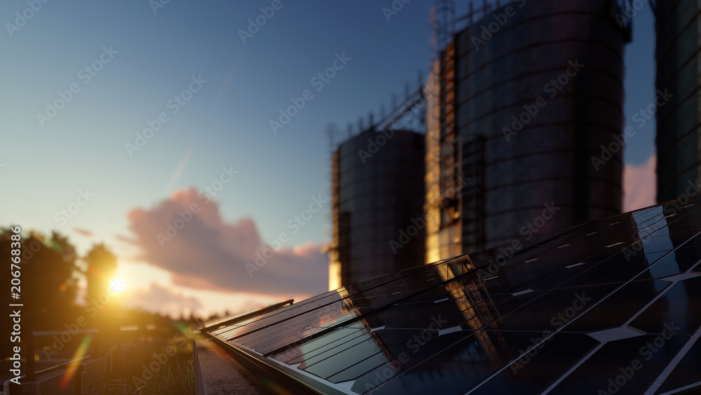 Obraz premium Solar Panel and Silos with Blazing Sunshine