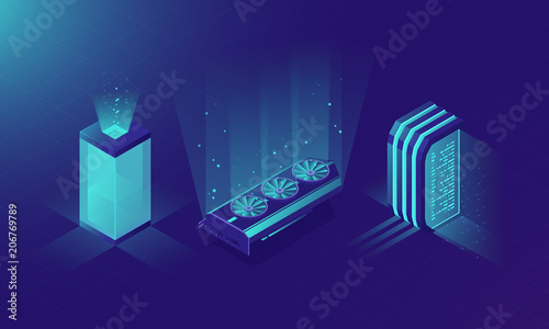Isometric server room, concept of vector servers rack, neon design, mining equipment set, video card data center and database