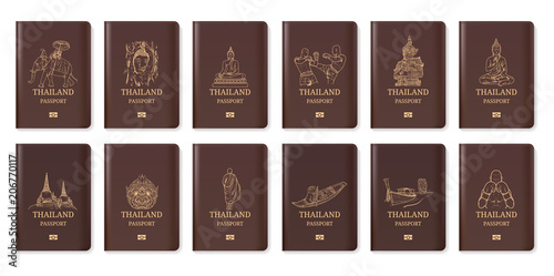 Thailand travel passport, Hand drawn Thailand, Landmark vector illustration, Amazing thailand, buddha, boxing, hanuman, ayutthaya, Temple