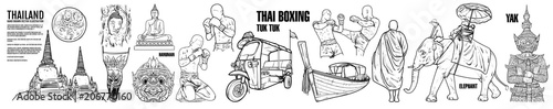 Thailand Travel Landmarks. Hand draw Vector Illustration. Amazing thailand
