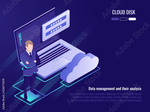 Concept of cloud disk and data access, businessman stay on background of laptop with login form and cloud icon