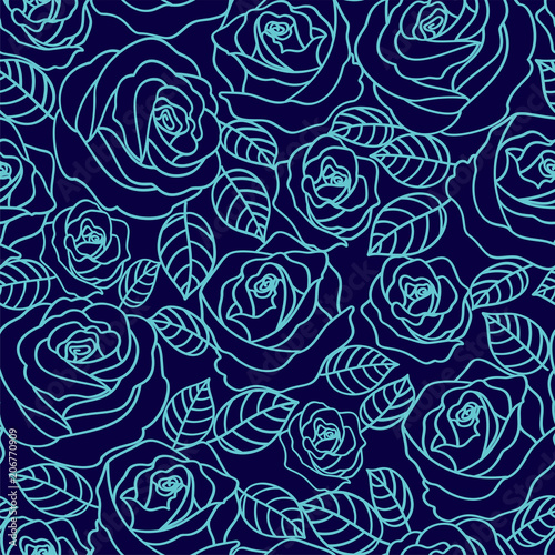 Blue outline roses vector seamless pattern