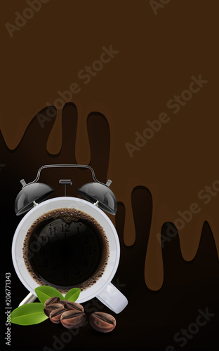 Cup of black coffee and coffee bean on brown background, flowing coffee and copy space for text. vector illustration.