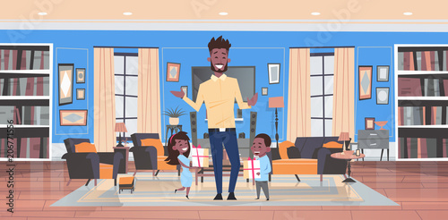 happy father day family holiday african daughter and son present gifts for dad in living room greeting card flat vector illusrtation