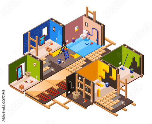 Vector isometric home interior renovation and repair work process stages in house cross section. Plumbing, sanitary ware installation tile laying in bathroom Wall plastering, painting wallpaper gluing