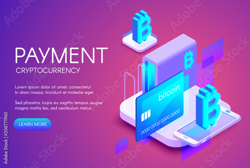 Bitcoin card payment vector illustration of cryptocurrency commerce or digital banking technology. Crypto currency mining farm and smartphone internet online shopping on purple ultraviolet background