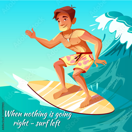 Surfer boy vector illustration of young man or guy at surfboard on ocean wave for poster. Cartoon summer vacations sport activity and sea leisure hobby