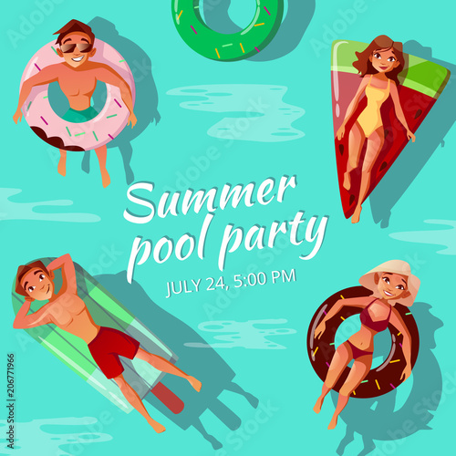 Summer pool party vector illustration of people on swim rings in shape of fruits. Happy boys and girls in swimwear and sunglasses on holiday vacations for beach party invitation poster template
