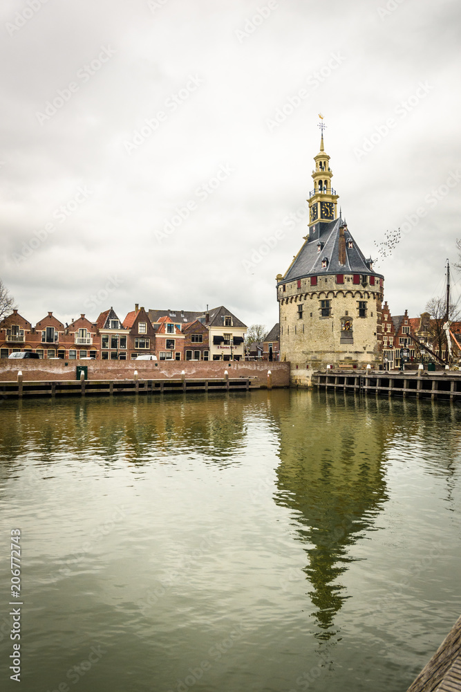 Clock tower building in the harbor town of Hoorn, Netherlands
