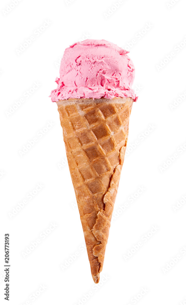 Pink ice cream with strawberries or cherries or raspberries in a waffle cone isolated on white background