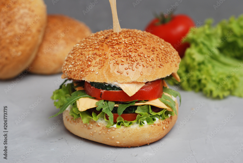 Fast food. Vegetarian Homemade Burger Cheese, Cucumber, Tomato and Lettuce, Salad. Tasty Sandwich for lunch Fresh Vegetables. Gray Textured background Fast food. Vegetarian Homemade Burger Cheese, Cucumber, Tomato and Lettuce, Salad. Tasty Sandwich for lunch Fresh Vegetables. Gray Textured background
