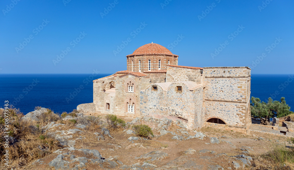 The 12th century Byzantine church of Agia Sofia stands on the highest point of Monemvasia, Peloponnese, Greece. 