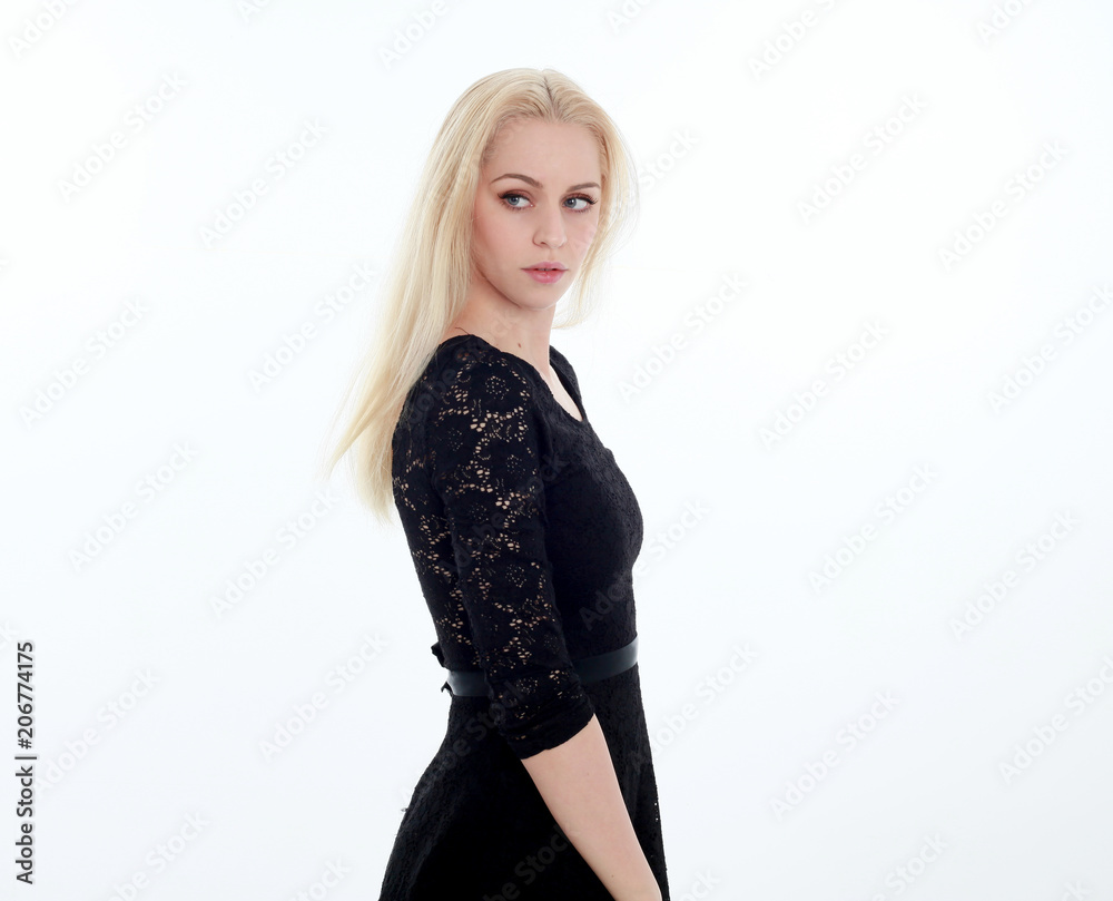 close up portrait portrait of blonde girl wearing black dress. isolated on white studio background. close up portrait portrait of blonde girl wearing black dress. isolated on white studio background.