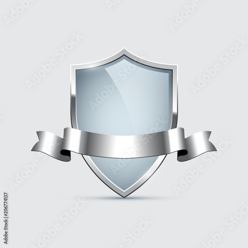 Glass shield with silver frame and silver ribbon isolated on gray background. Vector design element.