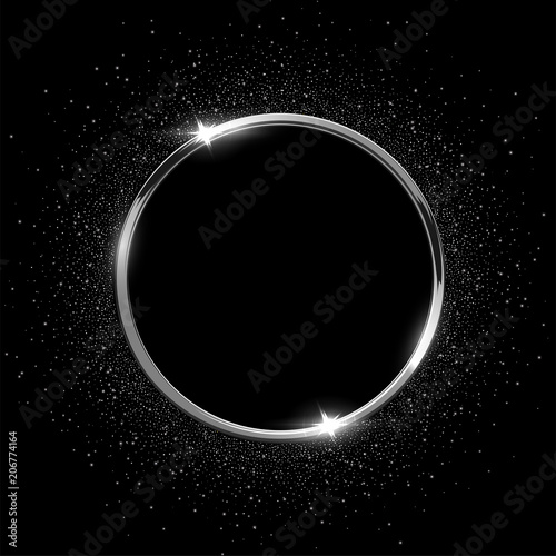 Silver sparkling ring with glitter isolated on black background. Vector luxury silver frame.