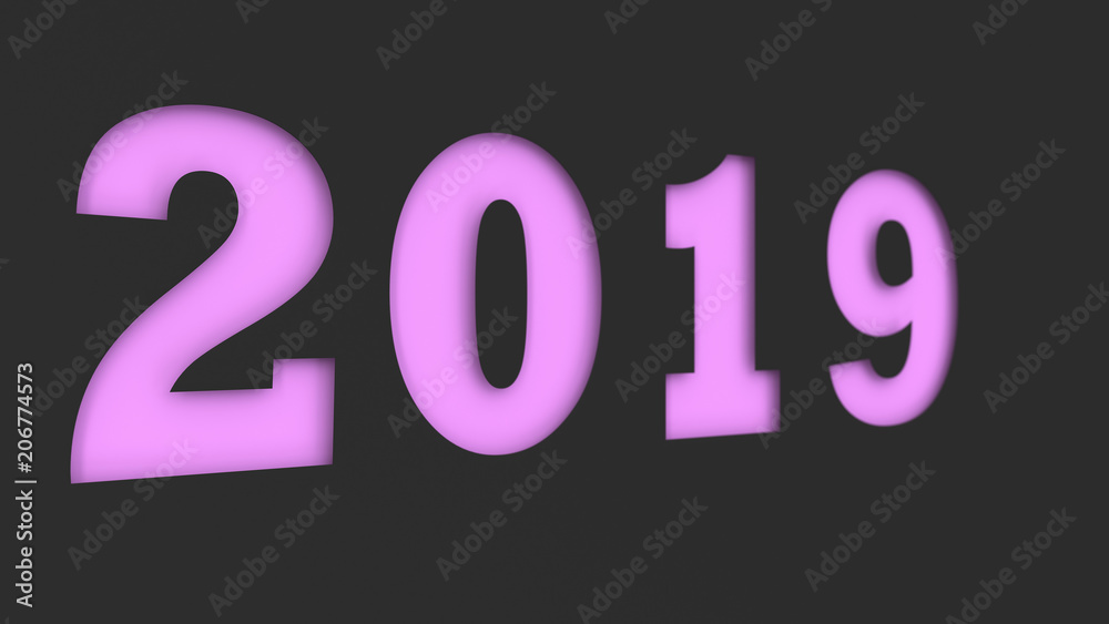 Purple 2019 number cut in black paper Purple 2019 number cut in black paper